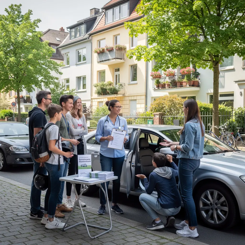 Eine Familie, die gemeinsam vor ihrem Fahrzeug steht und ihre Versicherungspapiere überprüft.
